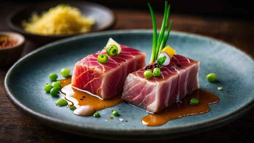 Two pieces of tuna, prepared using the Tataki cooking technique, on a plate.