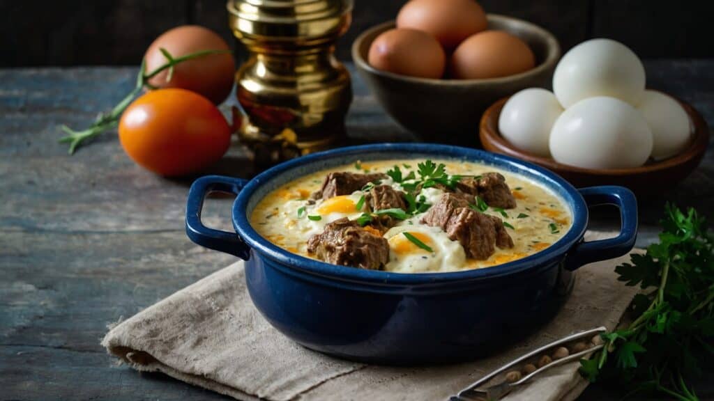 A Tavë Kosi inspired soup with meat and eggs in a blue bowl on a wooden table, showcasing home kitchen artistry.