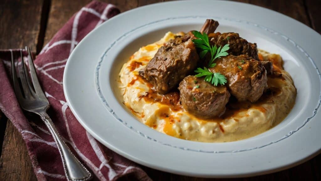 A plate of meat and mashed potatoes on a wooden table, showcasing the artistry of home kitchen Tavë Kosi.