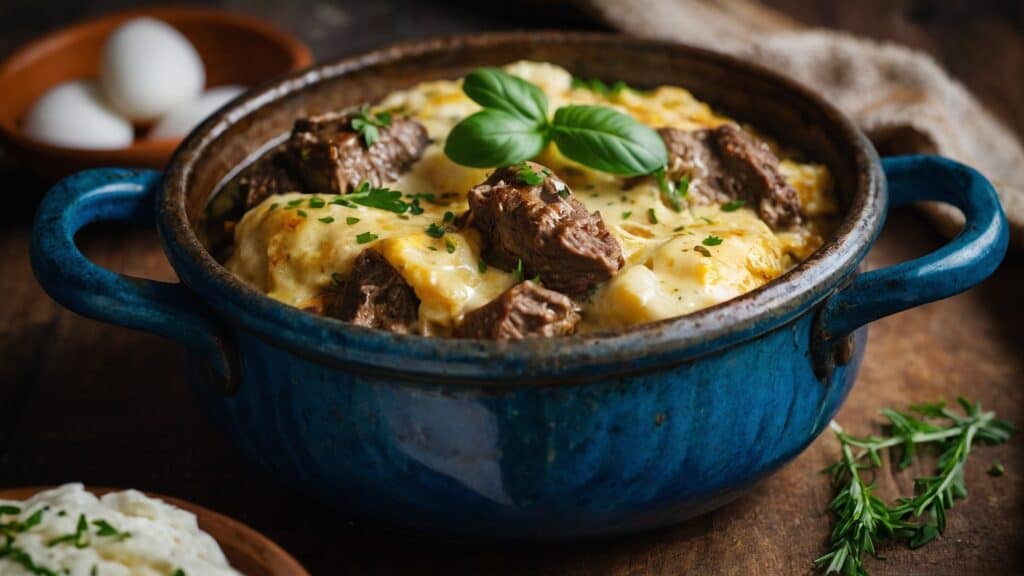 Beef stew in a home kitchen blue pot with mashed potatoes and sour cream.