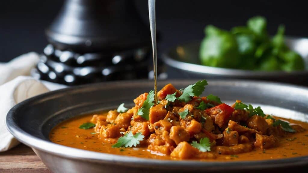 A bowl of curry incorporating flavors being poured over a wooden table.