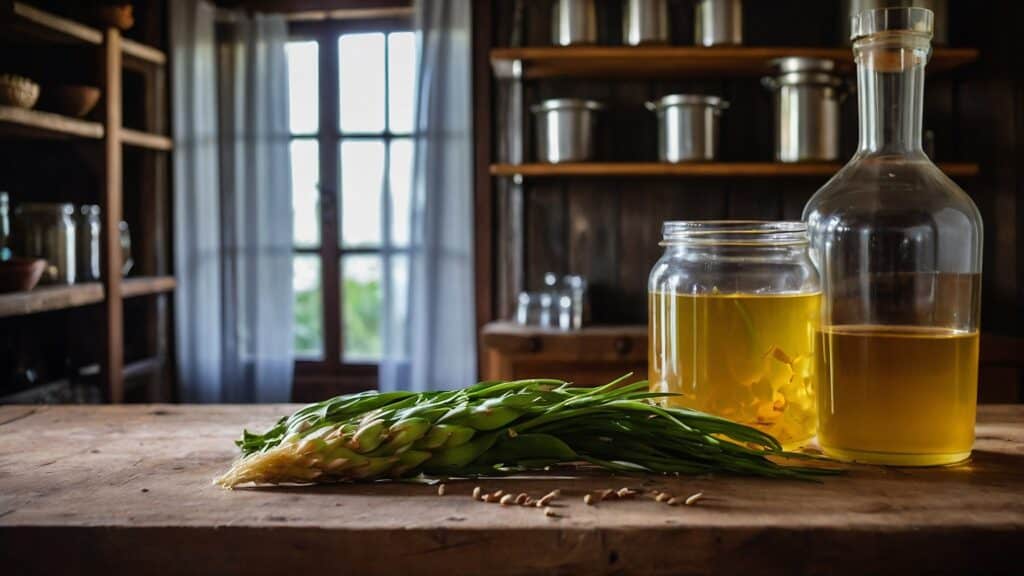 A jar of olive oil and some greens on a wooden table, alongside a Fermentation Guide.