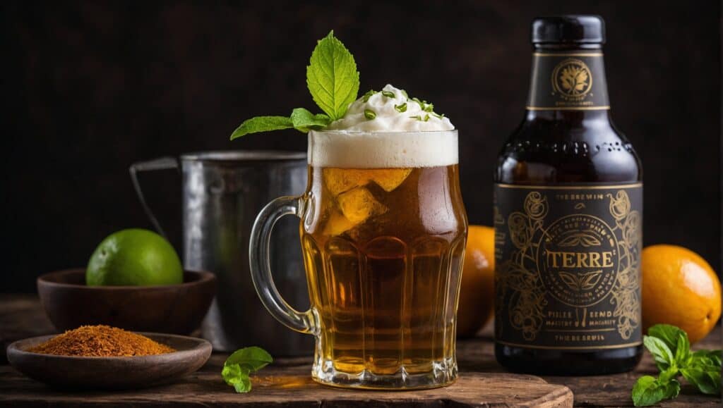 A glass of beer with a frothy head garnished with fresh mint leaves, alongside a bottle of beer, a metal bucket, and citrus fruits with spices on a wooden surface against a dark background.