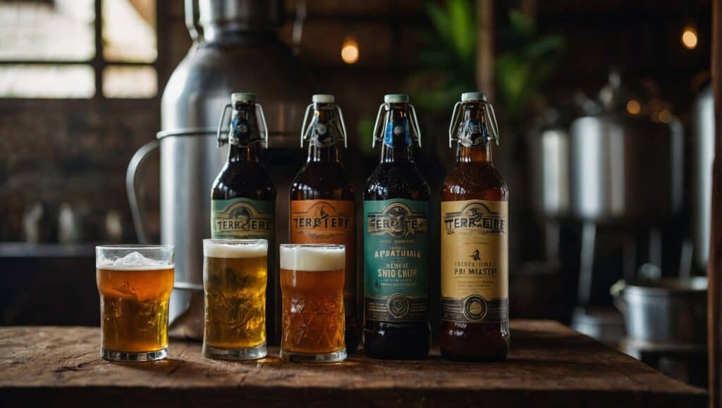 Five bottles of craft beer with different labels and a full glass of beer on a wooden bar counter, ready to unlock secrets of brewing for beginners, with brewery equipment in the background.