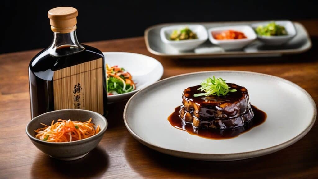 Elegantly plated Asian cuisine featuring a glazed dish garnished with greenery, accompanied by various side dishes and a bottle of sauce, ready to unlock the secrets of Warqa making for beginners.