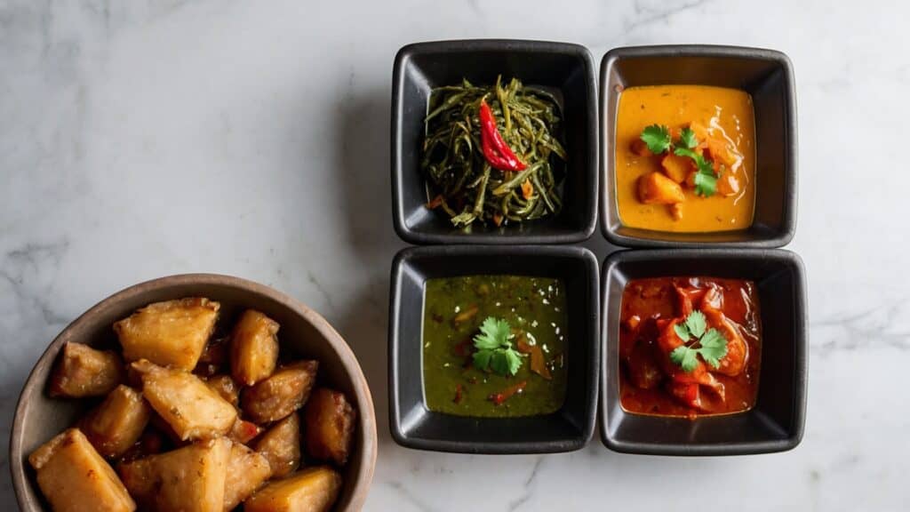 Four bowls of different sauces incorporating flavors on a marble table.