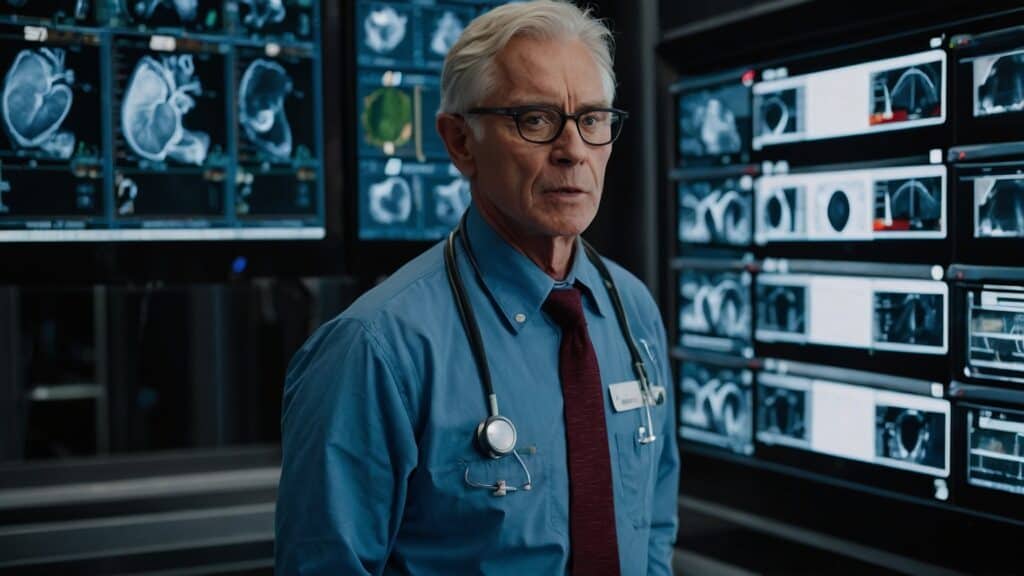 A medical professional stands in front of monitors displaying brain scans, essential for diagnosing heart health.