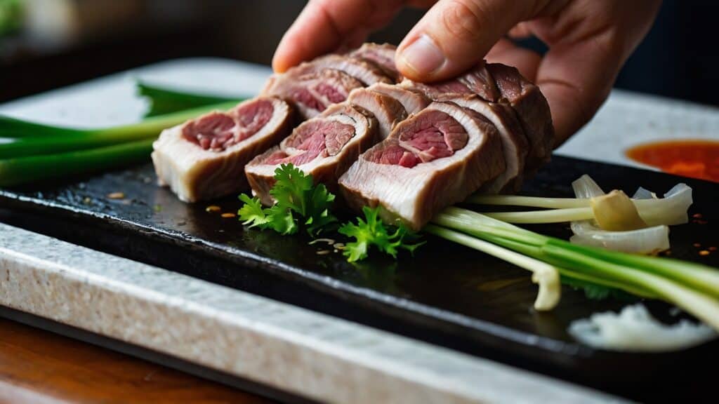 A person mastering the art of Japanese cooking while holding a piece of meat for Sukiyaki.