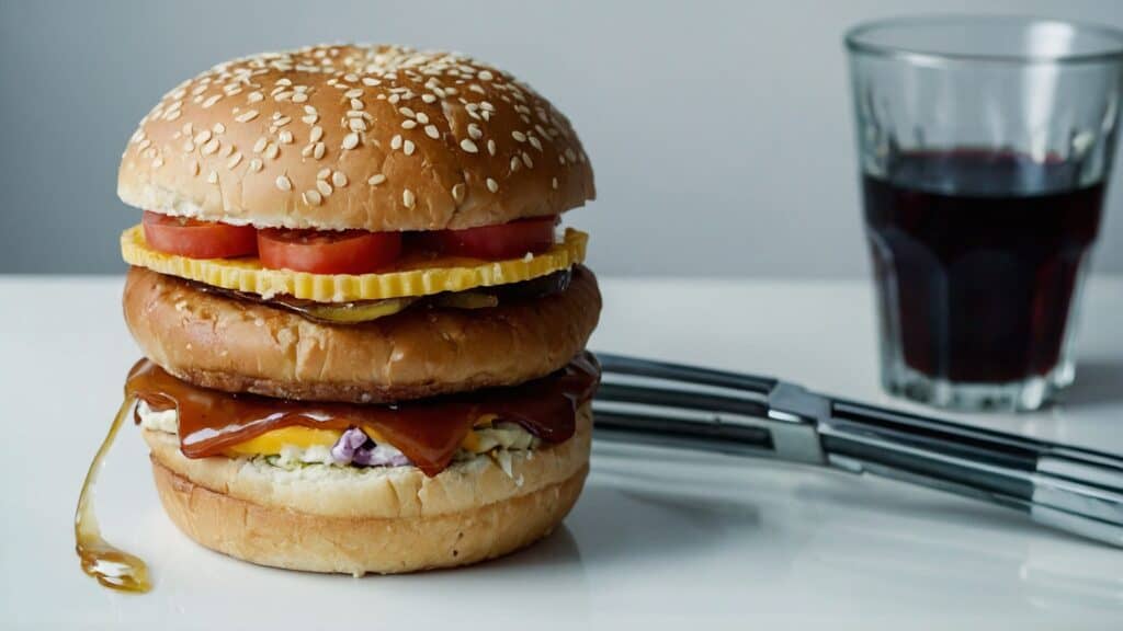 A cheeseburger with lettuce, tomato, and condiments, accompanied by a glass of soda and utensils on a white surface, can be part of weight management strategies.