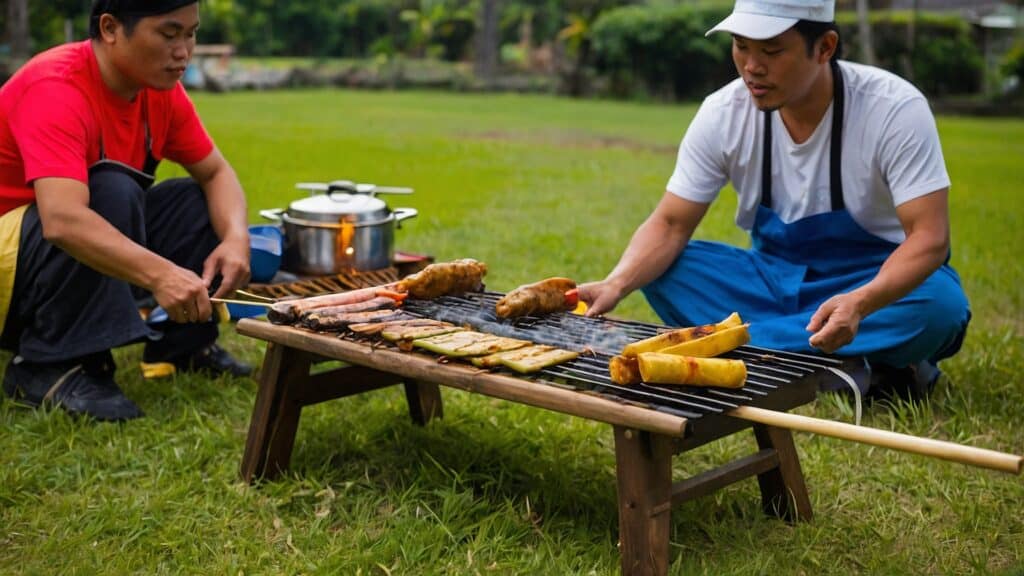 Two men grilling food outdoors on a small charcoal grill, with pots and a green landscape in the background, unlock the secrets of Warqa making for beginners.