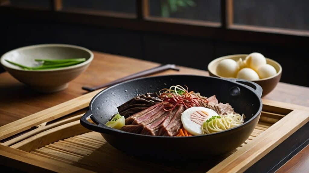 A pan of Sukiyaki on a table.