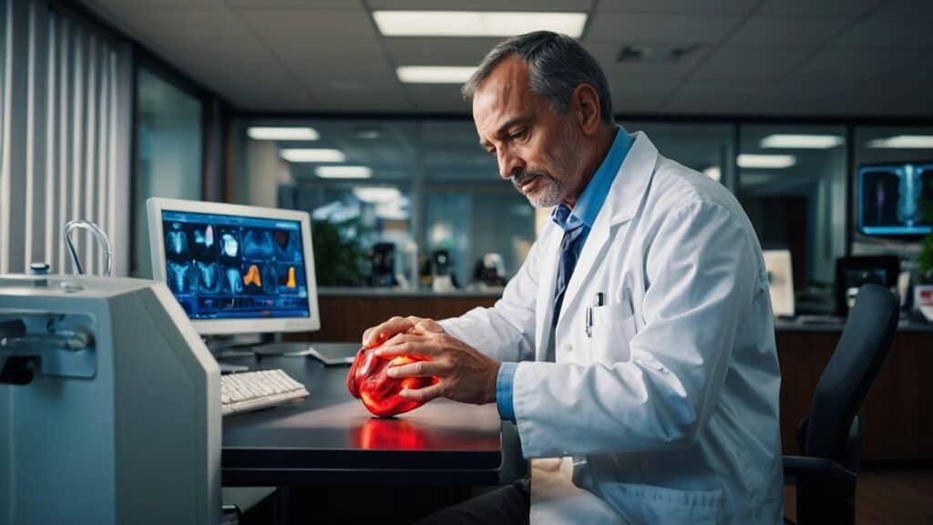 A medical professional analyzing a 3D model of a human heart focusing on cardiovascular health in a laboratory.