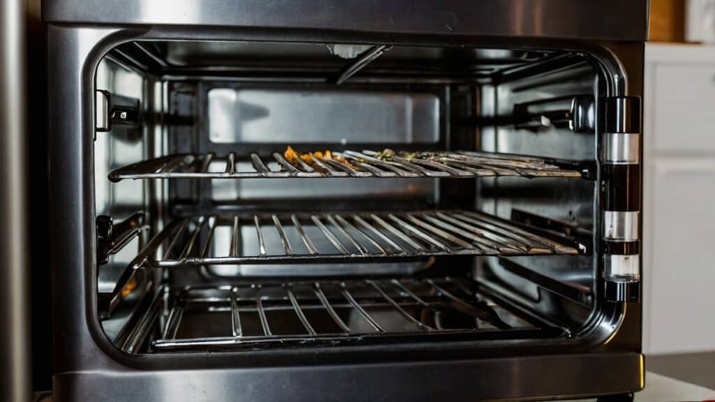 A black oven enhancing racks of home cooking in it.