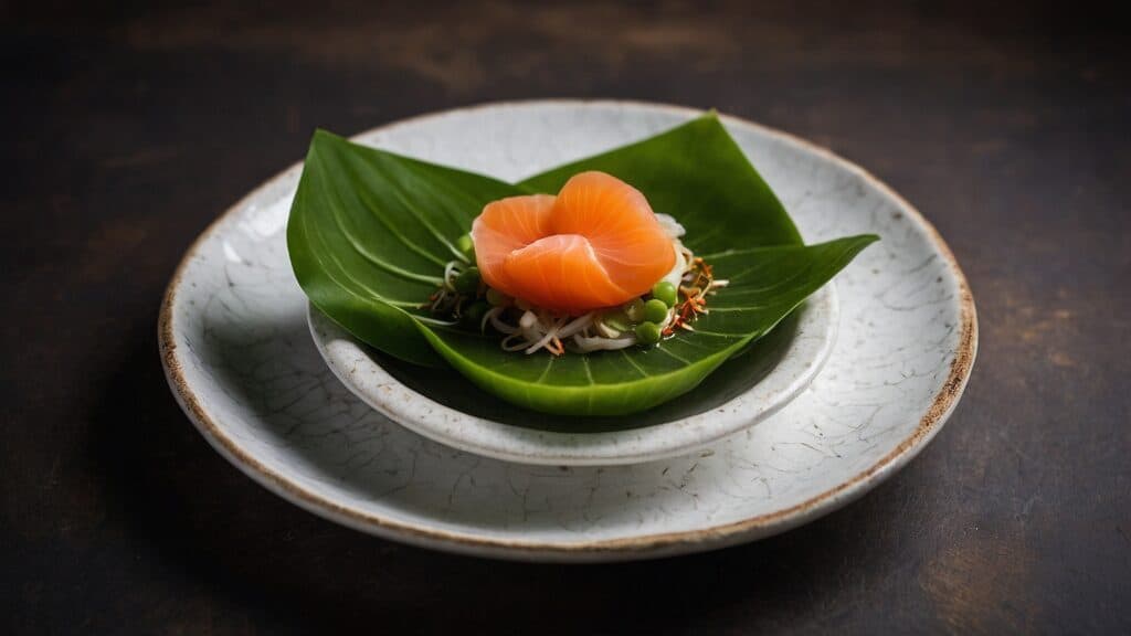 A piece of sushi, specifically salmon sashimi, is presented on a green leaf placed on a ceramic plate with a rustic design, set against a dark wooden backdrop. This arrangement reveals secrets to beginners