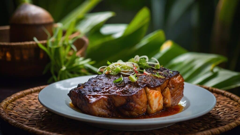Grilled steak garnished with herbs on a white plate, presented on a wicker tray with a tropical plant backdrop, perfect for beginners.