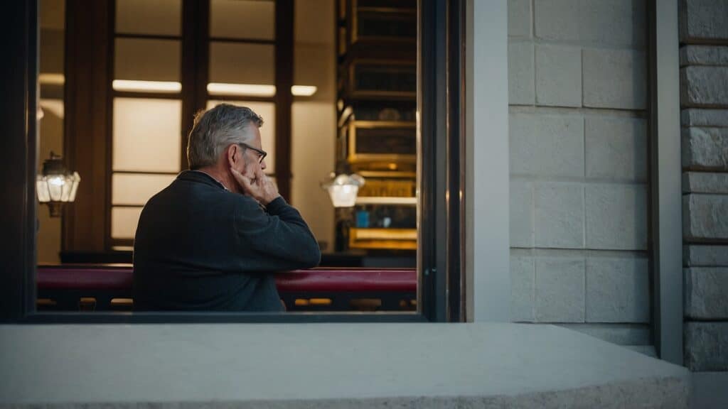 Man sitting at a café contemplating heart health essentials while looking out the window.