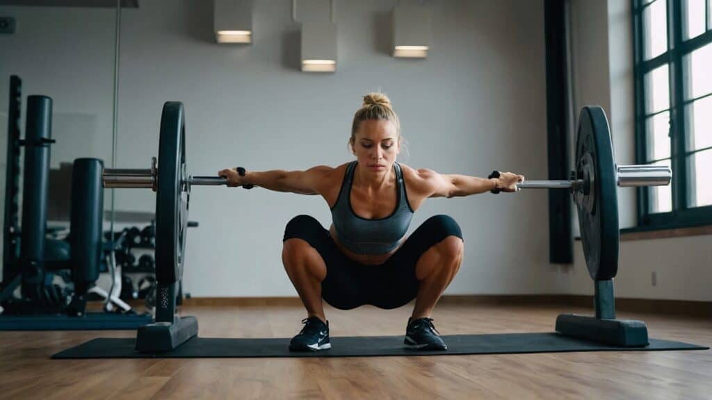 A woman with a blonde bun is performing a deep squat while holding a barbell with weights in a gym. Focused on her weight management, she wears a sports bra, shorts, and athletic shoes.