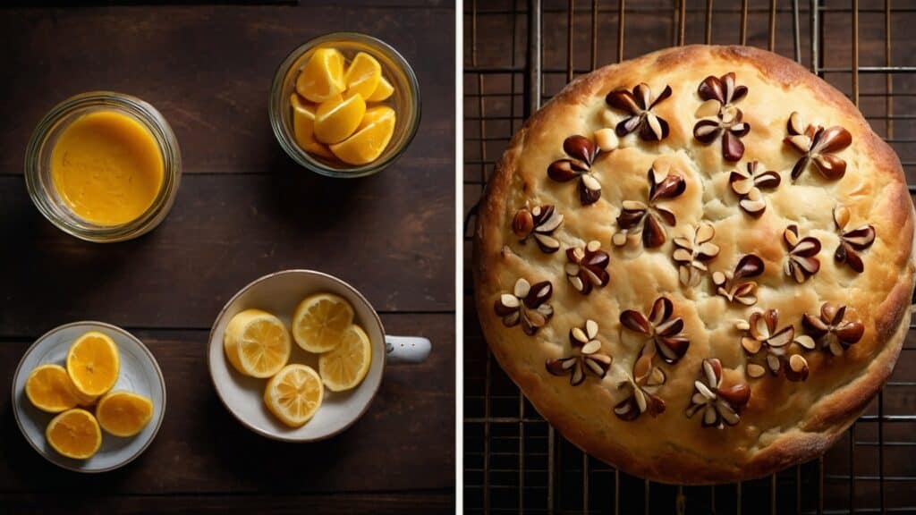 On the left side of the image are three bowls containing sliced oranges and lemons, along with a glass jar of orange juice, arranged on a dark wooden surface. On the right side is a decorated