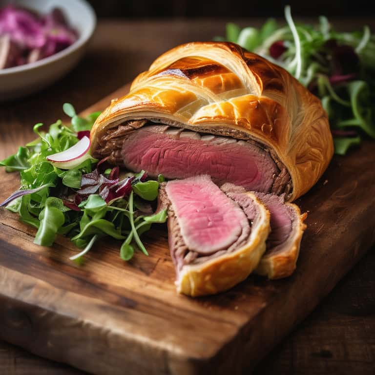Beef Wellington with a cross-section view served with sides on a wooden table.