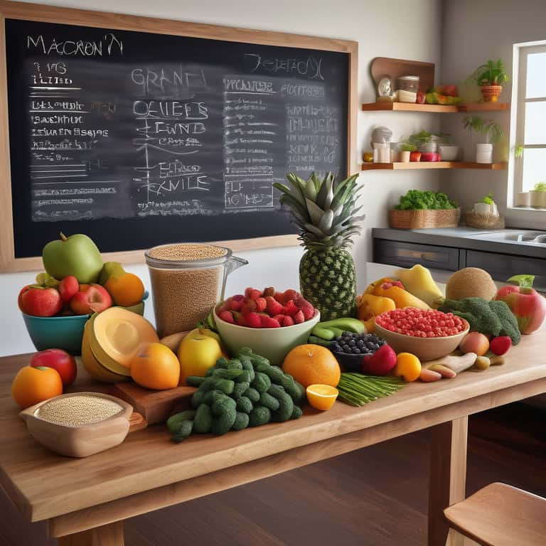 Colorful assortment of healthy foods with a nutritional chalkboard in the background.
