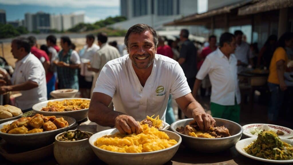 A man wearing a white shirt smiles while serving Brazilian cuisine from large bowls at an outdoor event with people in the background.