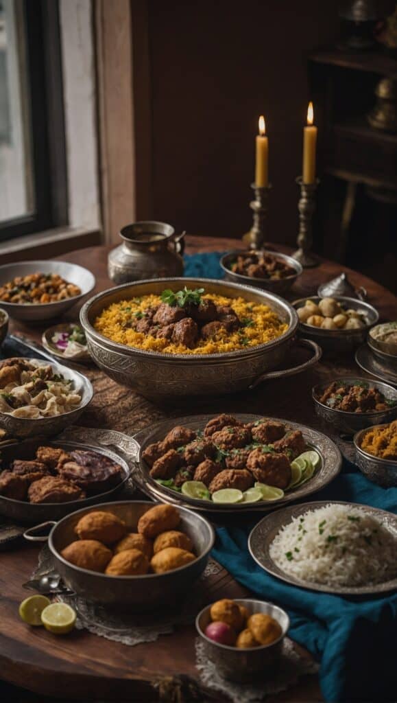 A traditional feast with various dishes including rice, curries, and breads, served in metal bowls on a wooden table for Eid al-Adha, illuminated by candlelight.