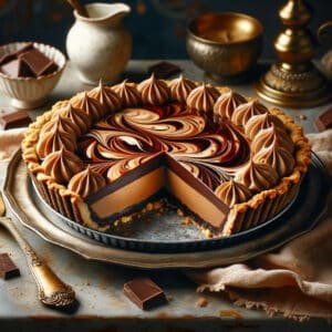 A delicious cheesecake with a chocolate swirl top, partially sliced. The dessert sits on a metal tray with various decorative elements and Hershey chocolate pieces surrounding it, mastering the recipe for an indulgent treat.