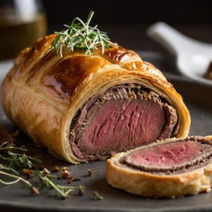 Perfecting Beef Wellington with a garnish of fresh herbs on a dark plate, paired with a glass of white wine.