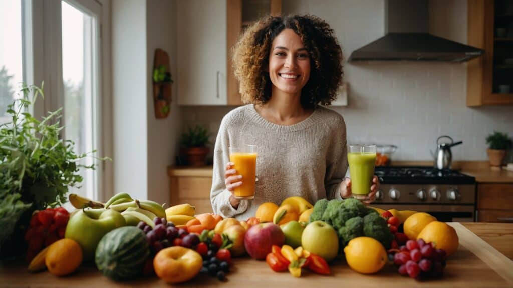 A woman smiling in a kitchen with a variety of fresh fruits on the table, holding a glass of orange juice and a green smoothie, exemplifies the Plant-Based Diet made simple for beginners.