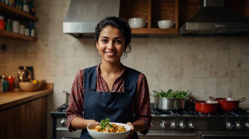 A smiling individual in an apron stands in a kitchen, holding a bowl of prepared food. The kitchen is equipped with pots, pans, and various ingredients.