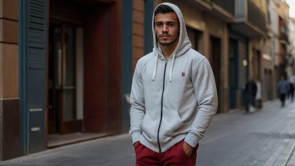 Young man in a gray hoodie and red pants standing confidently on a city street.