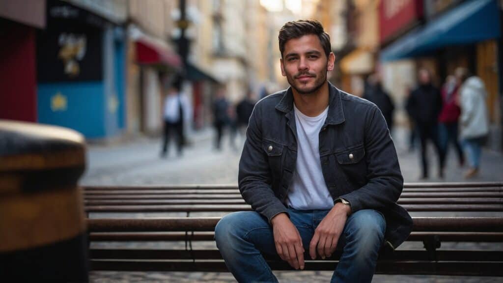 A young man with short hair and a beard, wearing a denim jacket, sits smiling on a city bench, with blurred pedestrians in the background.