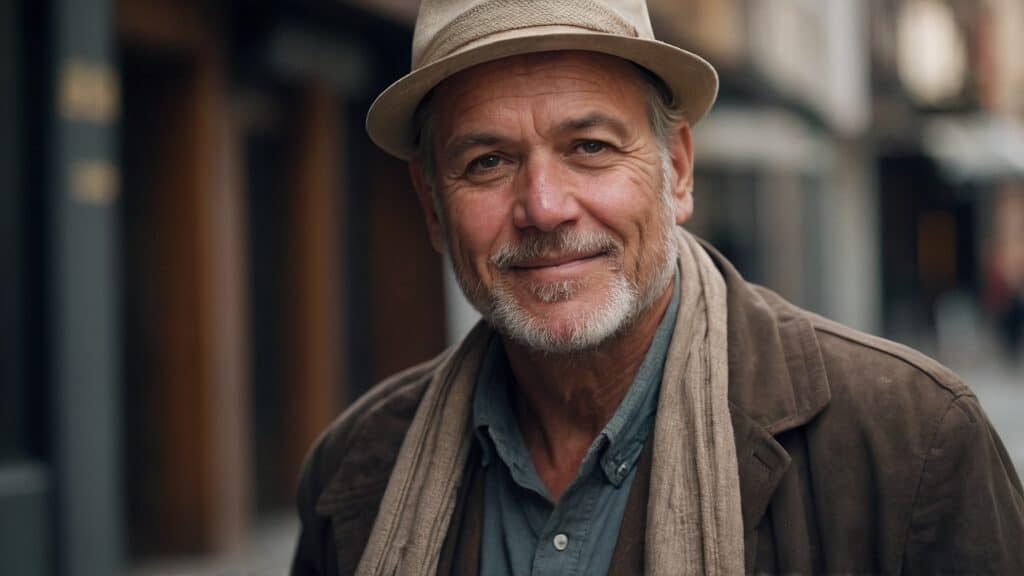 Portrait of a smiling elderly man wearing a fedora and a brown jacket on a city street.