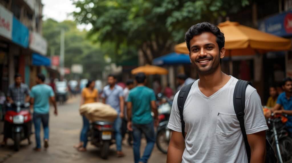 A man in a white T-shirt and backpack, possibly a video editor, smiles at the camera while standing on a busy street with people, motorcycles, and outdoor umbrellas in the background.