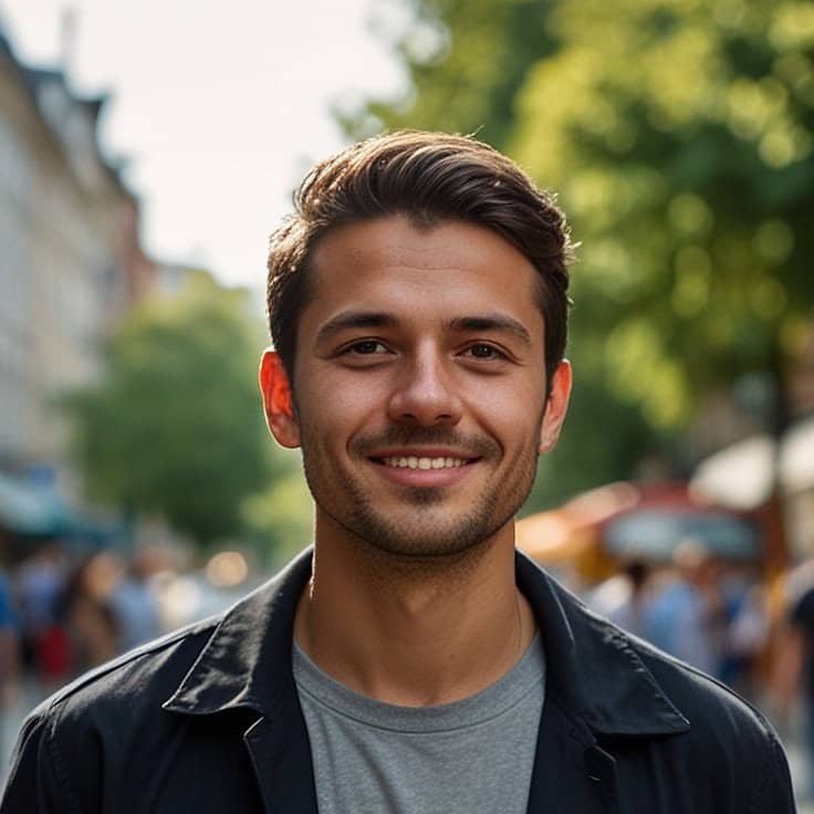 A man standing outdoors, smiling, with blurred trees and buildings in the background.