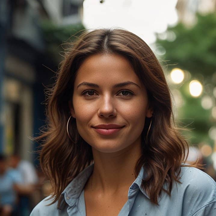 A woman with wavy hair and hoop earrings is smiling at the camera. She is wearing a light blue shirt and standing outdoors with a blurred background.