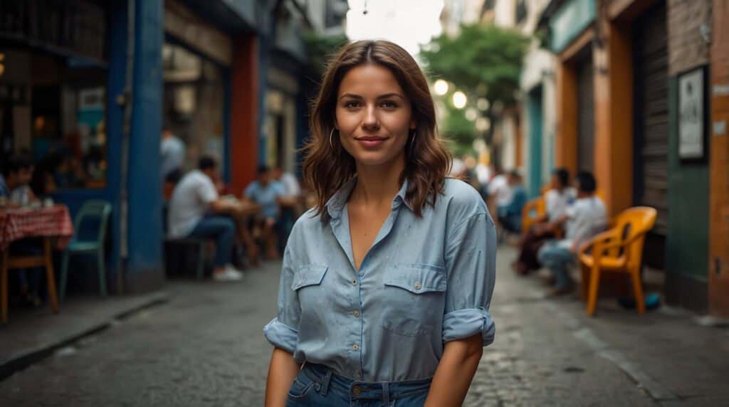 A woman with wavy brown hair, wearing a light blue shirt and jeans, smiles while standing on an urban street in Buenos Aires, with colorful buildings and people sitting at outdoor tables in the background.