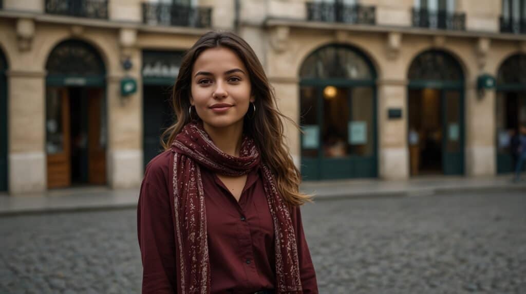 A student wearing a maroon top and a patterned scarf stands on a cobblestone street in front of a building with arched doorways.