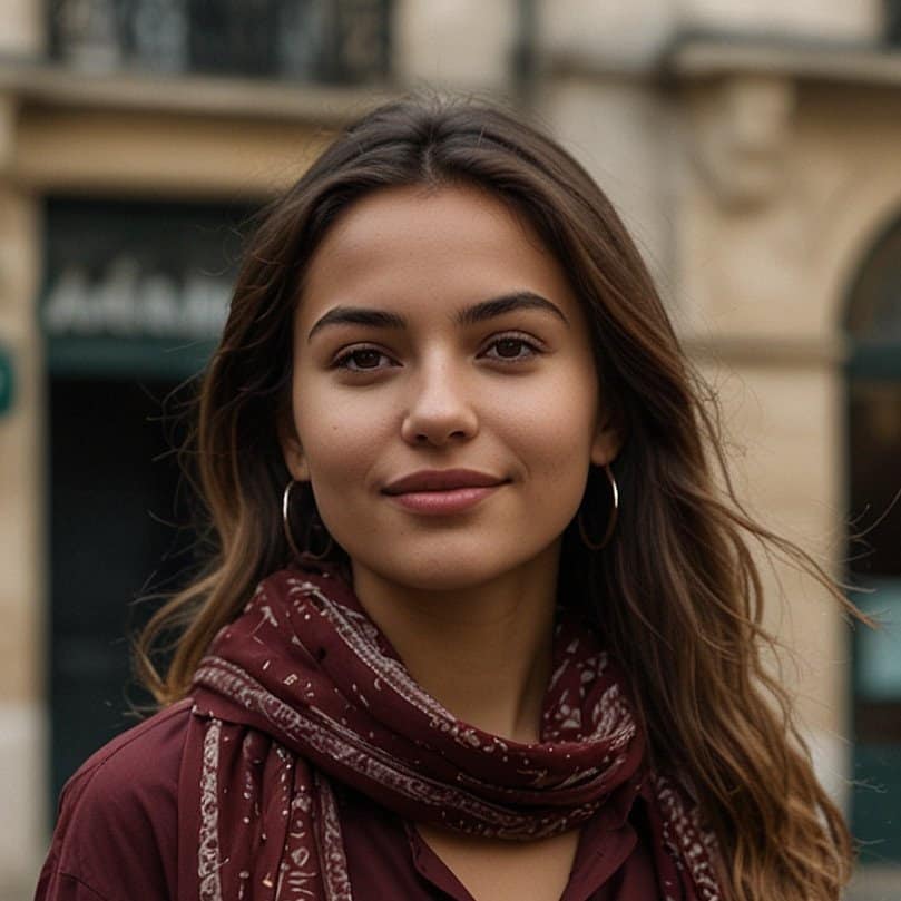 A woman with long hair, wearing a maroon scarf and earrings, stands outdoors with a neutral expression.