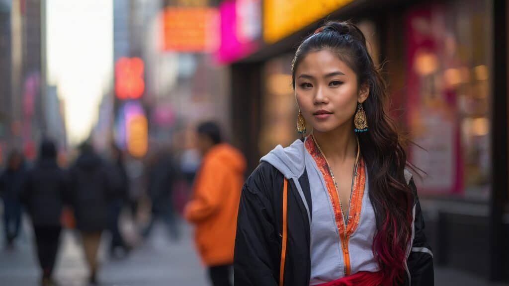 A young woman with tied back hair and large turquoise earrings walks down a busy city street, wearing a casual jacket over a red top, as she heads to her dance performance.