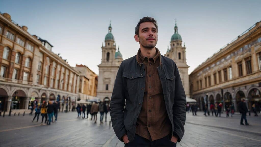 A man in a brown jacket smiling slightly, standing in a busy European square with baroque buildings and pedestrians in the background.