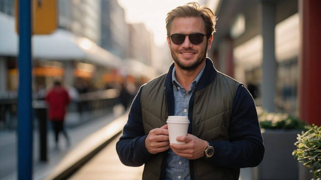 A smiling man wearing sunglasses, a jacket, and a vest holds a coffee cup on a busy city street.