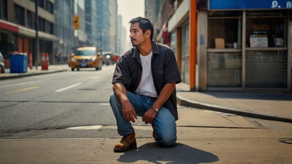 A man squats in the middle of a city street, looking aside thoughtfully, with traffic and buildings in the background.