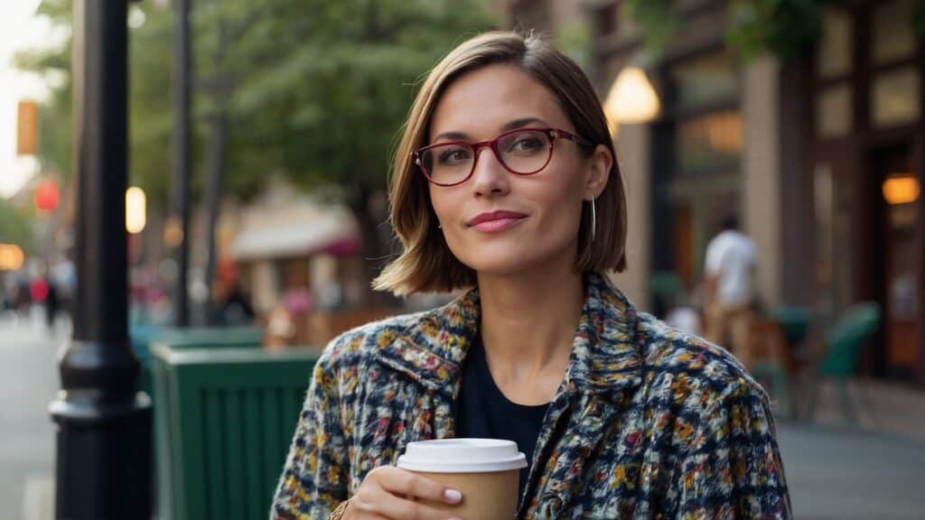 A woman with short hair and glasses, holding a coffee cup, smiling slightly on a city street.