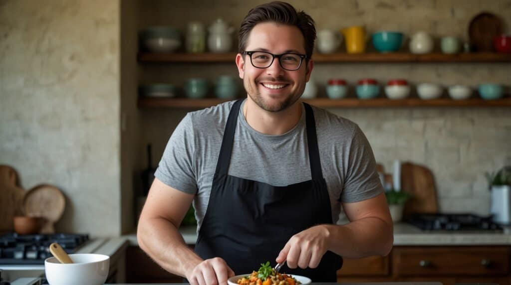A man wearing glasses and a black apron smiles while preparing a dish in a kitchen with open shelves displaying various bowls and dishes in the background.