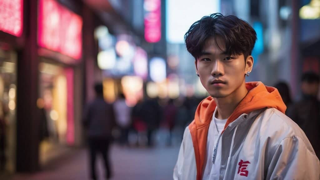 Young Asian man in an orange jacket standing in a bustling city street at dusk, looking intently at the camera.
