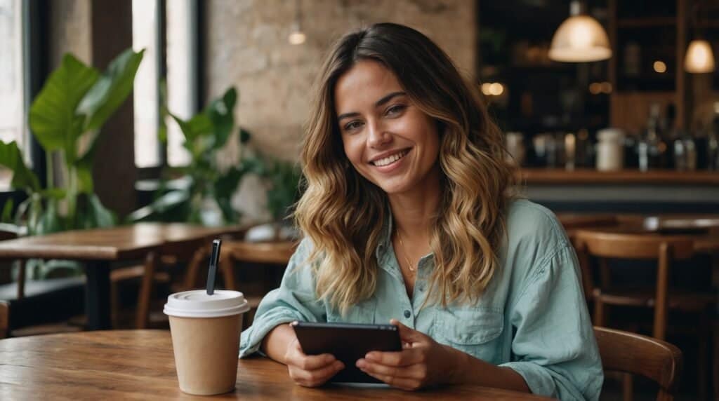 A woman with wavy hair sits at a wooden table in a cafe, holding a tablet and smiling. A coffee cup with a straw is on the table.