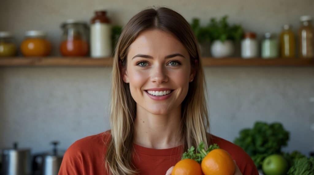 A woman with straight blonde hair wears an orange shirt and smiles while holding oranges in a kitchen. Shelves with various jars and greenery are visible in the background.