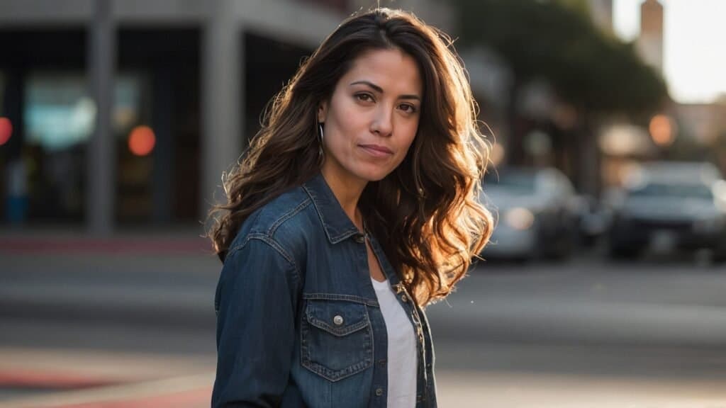 A woman with long brown hair wearing a denim jacket, standing on a city street at sunset.