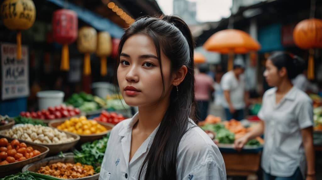 A woman stands in front of a variety of colorful fruits and vegetables at an outdoor market, with other market-goers visible in the background.